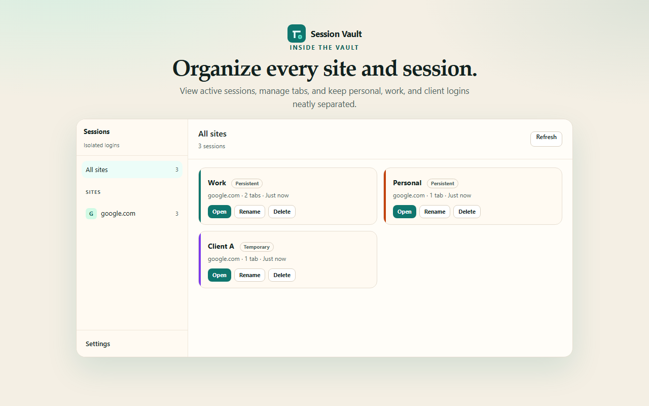 Session Vault manager listing Work, Personal, and Client A sessions for google.com.