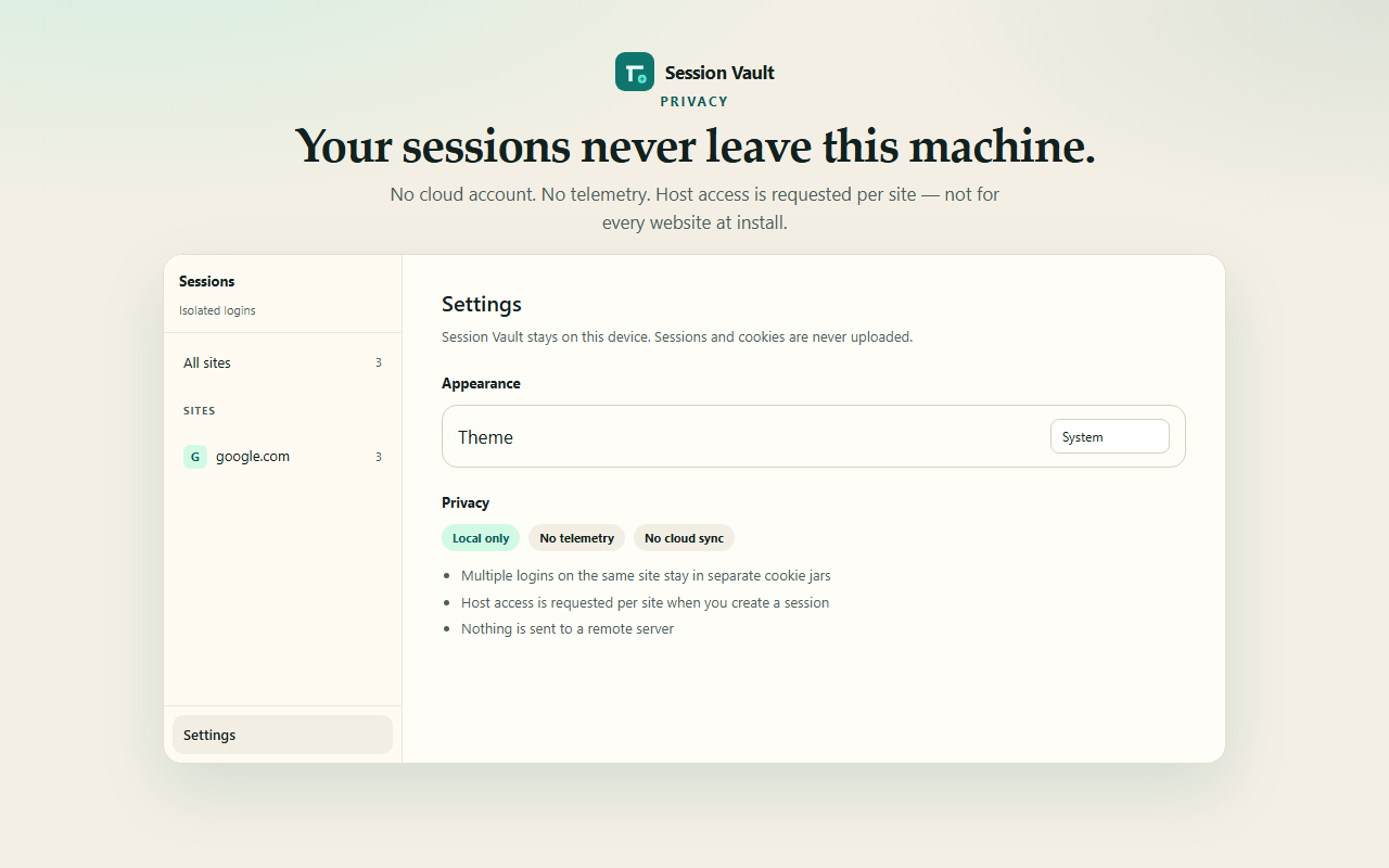 Session Vault settings with Local only, No telemetry, and No cloud sync.